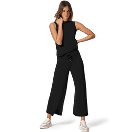 Sampeel Lounge Sets for Women 2 Piece Summer Spring Outfits Matching Sets Fashion Clothing Vacation Comfiest Airport Outfits Business Casual Work Wide Leg Crop Pants Travel 2025 Black L