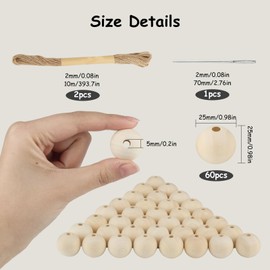 Xishoyen Pack of 60 Wooden Beads for Threading, 25 mm Wooden Beads, Natural, Round Wooden Balls with Hole, Untreated Beads Wood for DIY Crafts, Macrame Crafts, Jewellery Making