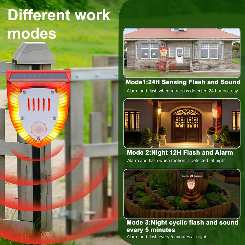 QXMH Solar Outdoor Motion Sensor Alarm: 129db Dog Barking &