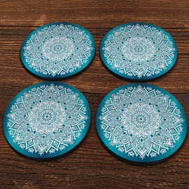 CARIBOU Coasters , Teal & White Mandala Design Absorbent ROUND Fabric Felt Neoprene Coasters for Drinks, 4pcs Set