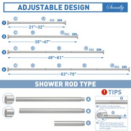 SUNALLY Shower Curtain Rod Adjustable 32-75 Inch, Spring Tension Shower Curtain Rods Stainless Steel Telescoping Curtain Rod for Bathroom or Windows, No Drilling, No Slip, No Rust, Nickel