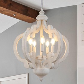 Antique White Farmhouse Chandelier Rustic Wood Pendant Light, 5 Lights 17 Inch French Country Chandelier Cottage Orb Chandeliers Hanging for Dining Room Kitchen Island Bedroom Foyer