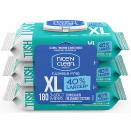 Nice 'N CLEAN Extra Large Flushable Wipes | 40% Larger Wipes | Unscented XL Adult Wet Wipes | Septic and Sewer Safe | Fragrance Free, Hypoallergenic, Plant Based | FSC Certified | 180 Butt Wipes
