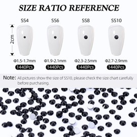 Meibite Black Flatback Rhinestones, Glass Rhinestones for Nail Art and Craft, Glue Fix, Loose Crystal Gemstones(Black, SS10, 1440pcs, 2.7-2.8mm)