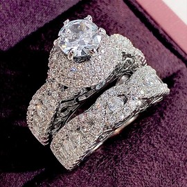 RKKOJJO 925 Sterling Silver Bridal Rings Sets AAA Cubic Zirconia CZ Full Diamond Engagements Rings Wedding 2 Pcs Promise Anniversary White Gold Rings for Women Size 7