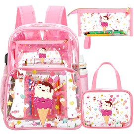 Kacctyen 3 Pcs Pink Clear Backpack Heavy Duty for Girl Boy Kid School Clear Bookbag Transparent Backpack with Lunch Bag(Pink,Ice Cream)