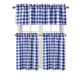 Hiasan 3 Piece Semi Sheer Kitchen Curtains - Light Filtering Buffalo Plaid Tier and Valance Window Curtains Set, Royal Blue and White, 52 W x 18 L (1 Panel) + 26 W x 36 L (2 Panels)