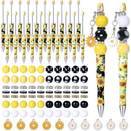 Whaline 20 Set Sunflower Plastic Beadable Pens Summer Floral DIY Pens with 40Pcs Round Wood Beads 30pcs Crystal Spacer Beads for Women Office School Jewelry Craft