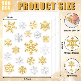 JarThenaAMCS 500Pcs Winter Paper Sticker Glitter Snowflake Envelope Seal Sticker Silver Gold Self-Adhesive Label Decal for Christmas Greeting Card Sealing Craft Supplies