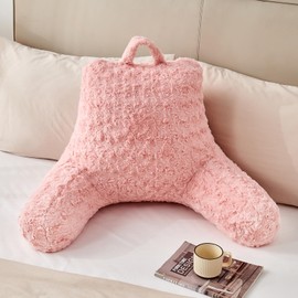 MUFEW Reading Pillow,Rose Velvet Back Pillow with Arms for Bed Sitting Up,Bed Pillow for Adult Children,Backrest Pillows with Washable Cover, Chair Pillow for Watching TV/Gaming/Relaxing (Pink)