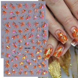 Laser Maple Leaf Nail Art Stickers 3D Self-Adhesive Fall Nail Stickers Autumn Holographic Nail Art Designs Thanksgiving Nail Decals Fall Nail Art Supplies for Women DIY Manicure Decoration 2 Pcs