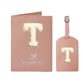 Passport Holder for Travel Women Initial Passport Cover Passport Wallet Passport Case Travel Essentials Leather Passport Holder and Luggage Tags Set With Chenille Letter Patch for Travel Family Pink T