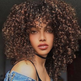 quesdom Peluca Corta Y Rizada, Color Marrón Degradado, Mezcla De Cabello Rizado Suave, Fibra Sintética, Rizada, Afroamericana, Con Flequillo Para Mujeres Negras (T14/30, Marrón Degradado)