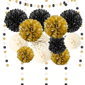 Party Decoration Pompoms Pack of 15 Black Gold White Tissue Paper Pompoms Decoration with Tissue Paper Pom Poms and Dots Paper Garland for Wedding Prom Baby Shower Birthday