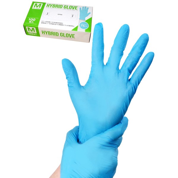Meisei Hybrid Gloves, Nitrile + PVC Gloves, Disposable, Medium, 100 Pieces, Powder Free, Blue