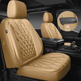 CAR PASS Piping Luxury PU Leather Two Front Car Seat Covers, Waterproof Anti Slip Seat Covers Compatible with Front Seat Armrests,Universal Fit for Suvs,Vans,Trucks,Airbag Compatible(All Beige)