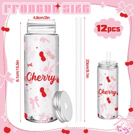 Funnymoom 12 Pcs Cherry Pink Bow Plastic Cups with Lids and Straws Reusable Drinking Plastic Bottle for Cherry Birthday Party Decorations She's Ready to Pop Baby Shower Supplies