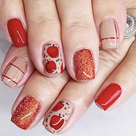 Christmas Apple Press on Nails Short Length Christmas Fake Nails Square Shape Nails Full Cover New Year Red Acrylic Nails Gold Glitter Stick on Nails Xmas False Nails for Women Girl Nail Art 24Pcs