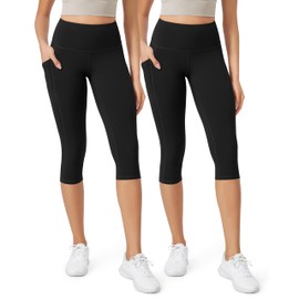 ODODOS ODLEX 2-Pack High Waist Workout Capris with Pockets for Women, 19" Yoga Capri Leggings, Black+Black, Large