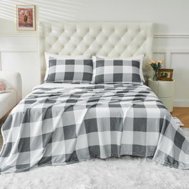 YIYEA Fleece Sheets Queen Size, Luxury Ultra Soft Fuzzy Bed Sheets Set, Fluffy Plush Velvet Bedding Sheets for Fall Winter, Cozy Warmth and No Shedding, 4PC, Checkered