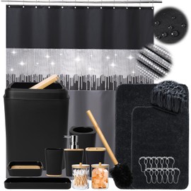 XLHOMO XLHOMO Bathroom Sets with Shower Curtain and Rugs,24PCS Black Bathroom Set Shower Curtain Set with Bathroom Trash Can Bathroom Accessories