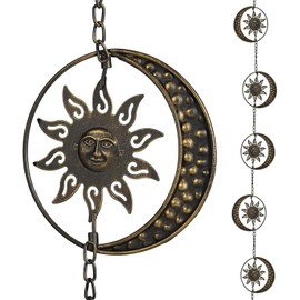Decorative Sun and Moon Rain Chain, 8.5Ft Metal Rain Chimes for Gutters, Vintage Rotational Sun Rain Chain Downspouts, Functional Replacement Gutter Chains for Outside, Garden Rain Catcher Chain