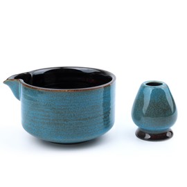 PUNNIO Japanese Matcha Bowl, Glazed Ceremonial Matcha Bowl with Whisk Holder for Matcha Powder/Matcha Tea/Japanese Matcha (Blue(w/Spout))