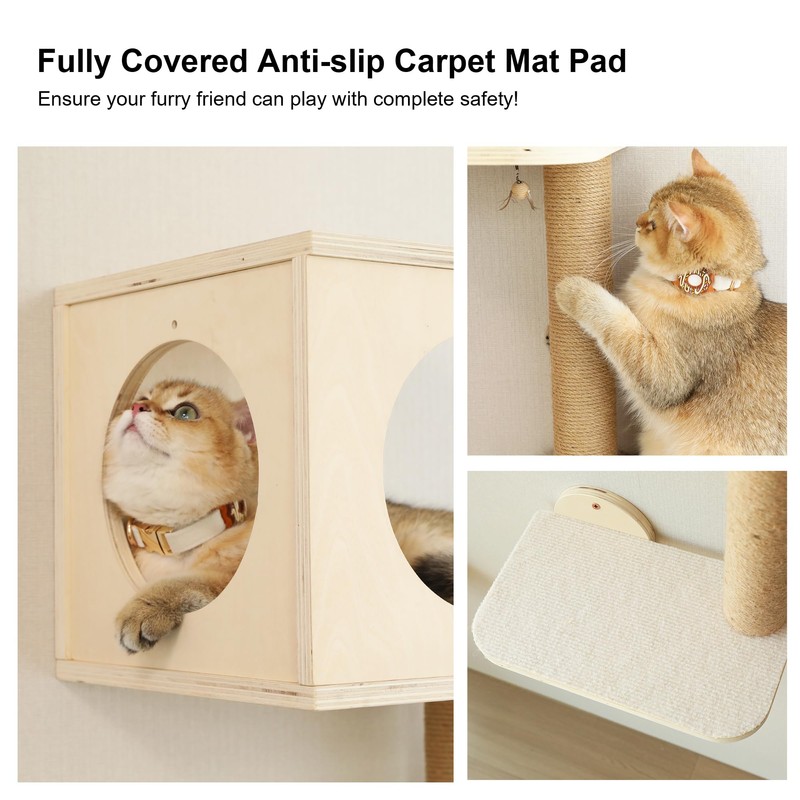 FUKUMARU Cat Wall Shelves, 5-Piece Stable Wooden Wall-Mounted Furniture Set,
