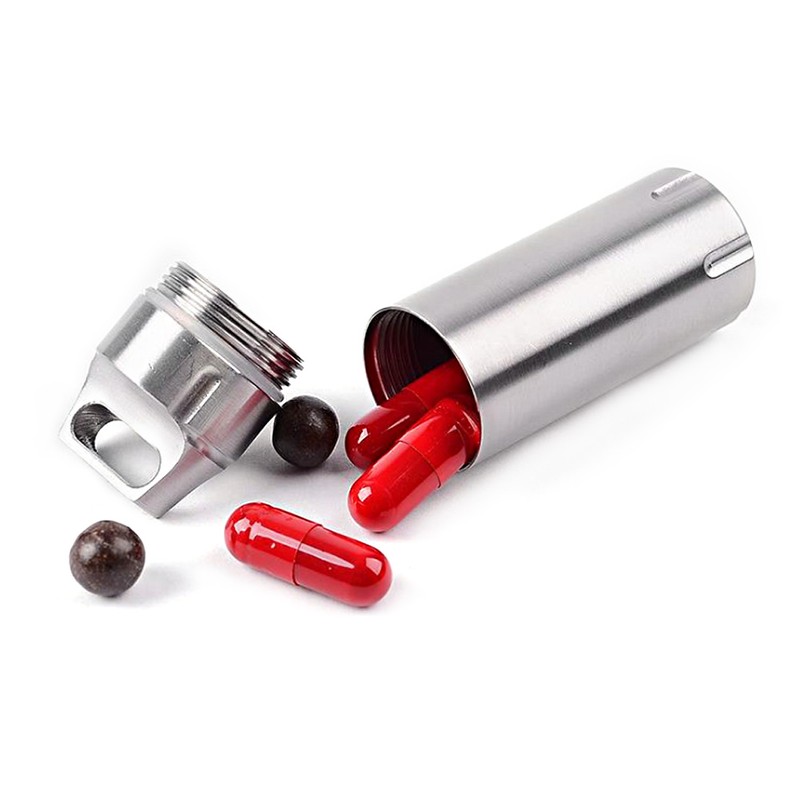 Portable Waterproof Stainless Steel Pills Case Container Bottle Keychain for