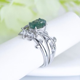 Wasee Natural Moss Agate Ring Set 925 Sterling Silver Green Oval Moss Agate Engagement Ring Wedding Promise Ring Jewelry for Women,Ring Size 6