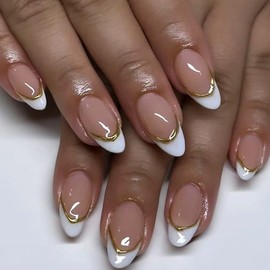 Gold Edge White French Press on Nails Short Almond QUNQINLI Nude False Nails Acrylic Fake Nails Press ons with Glossy Design Gel Glue on Nails Cute Stick on Nails for Women 24Pcs