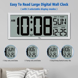 WallarGe 14.5'' Large Digital Wall Clock Battery Operated with Jumbo Numbers, Temperature and Date - Easy to Read and Set, Auto DST