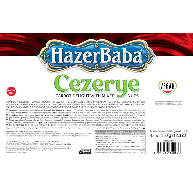 Hazer Baba Turkish Delight Candy, Cezerye with Mixed Nuts &