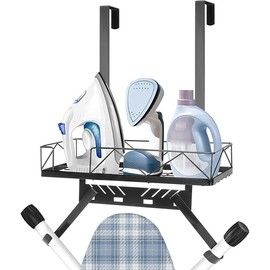 Ironing Board Hanger, Metal Over The Door or Wall Mounted Ironing Board Caddy, Ironing Board Storage Shelf with Adjustable Hooks for Laundry Room, Living Room, Bathroom (Matte Black)