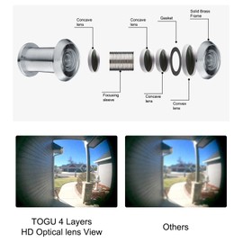 TOGU TG3522YG-SN Solid Brass UL Listed 220-degree Door Viewer with Heavy Duty Privacy Cover for 1-3/8" to 2-9/25" Doors, Brushed Satin Chrome Finish