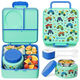 Fimibuke Bento Box for Kids Adult, BPA Free & Leakproof Toddler Lunch Box with 8.5oz Insulated Thermos Food Jar, Utensils & Sauce Jar, Dishwasher Safe 3 or 4 Compartment Container for School Girl Boy