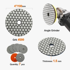 Diamond Dry Polishing Discs - Pack of 7 100 mm Polishing Pads Grit 200 Sanding Pad for Granite Marble Artificial Stone Quartz for Angle Grinder