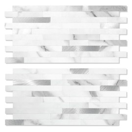 Yipscazo 20 Sheets Peel and Stick Stone Metal Backsplash, PVC Wall Tiles Stick on Tiles for Backsplash Kitchen, Bathroom, Fireplace (6'' X 12'', Marble White)