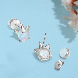 Girl's Unicorn Earrings, 925 Sterling Silver Hypoallergenic Opal Earrings for Sensitive Ears, Cute Mini Stylish New Quaint Little Animal Jewelry Gift for Women and Kids (Silver unicorn)
