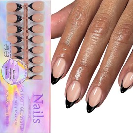 150Pcs Black French Tip Press on Nails Medium Almond Fake Nails In15 Sizes 3 IN 1 Soft Gel Nail Tips Nude Glossy Reusable Acrylic Nails No Need to File False Nails for Women Girls Manicure