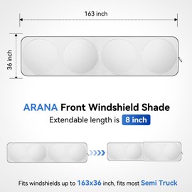 ARARANA Semi Truck Windshield Sun Shade, Automotive Sunshade Cover for Semi-Truck Front and Side Window, Foldable & Retractable Sun Visor Fit Semi, Commercial & Big Rig Truck, 163"x36"