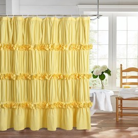 Homechoice Decor Bright Yellow Shower Curtain, Vintage Handcrafted Bow Tie Bath Curtain for Master Bathroom, Ruched Microfiber Bathroom Curtain with 12 Buttonholes, 72" W x 72" H (LQ-10)