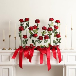 Hawesome - Ramo de 12 rosas artificiales de seda realistas con tallo largo para decoración del hogar, boda, fiesta (Rojo Vino 1)