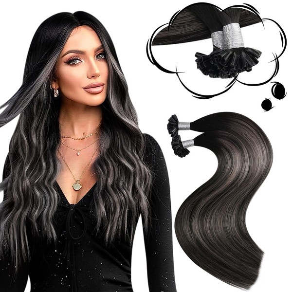 Moresoo Real Hair Bondings Extensions 24 Inches / 60 cm Hair Extensions Real Hair Bondings Hot Fusion Keratin Bonding Extensions Black with Silver #1B/Silver Invisible Ombre Extensions Bondings, 1g/s 50g