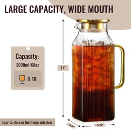 2 Liter/68 oz Square Glass Pitcher with Lid, Classic Stripes Water Pitchers with Handle for Fridge, Large Jug for Iced Tea, Coffee, Borosilicate Glass Carafe for Hot/Cold Brew Drink, Gold