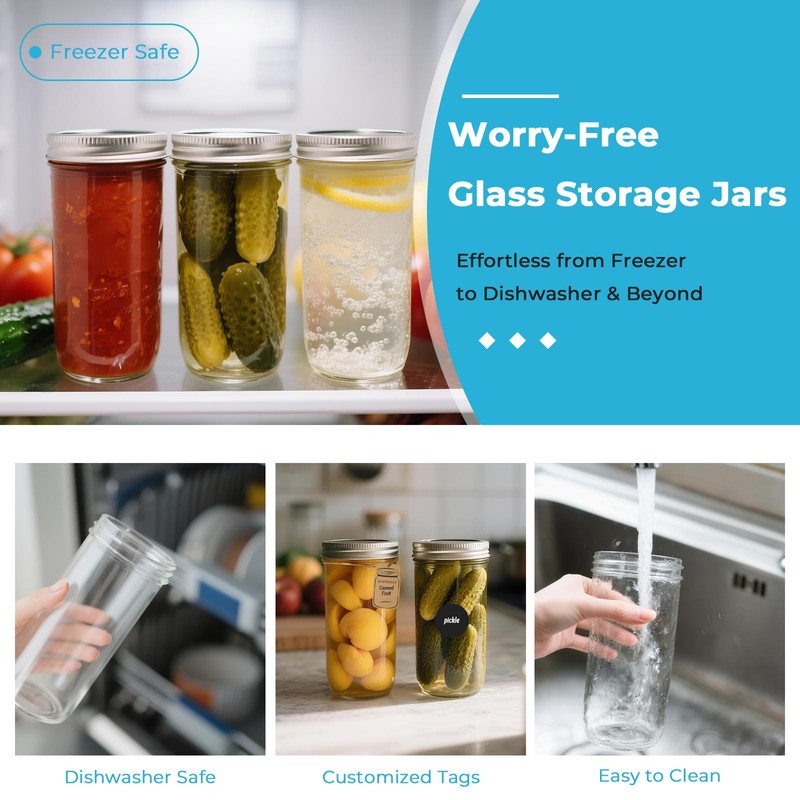 CycleMore 24oz 12 Pack Mason Glass Jars with Silver Separable