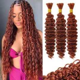 350 Human Braiding Hair 3 Bundle 100g 14 Inch Dark Ginger Braiding Hair Copper Braiding Hair Extensions Deep Water Wave Bulk Human Hair for Braiding 100% Brazilian Human Bariding Hair for Boho Braids