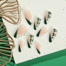 St. Patrick's Day Press on Nails Almond Medium French Tips Clover Artificial Fake Nails with Green Clover Designs Ireland Shamrocks Full Cover Acrylic False Nails Glue ons Fingernails for Women