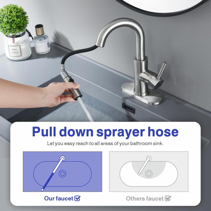 Kablle Bathroom Sink Faucet with Pull Down Sprayer, Brushed Nickel