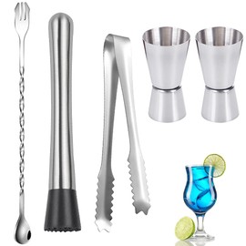 HUYIWEI Cocktail Set Gift/Mixer Cocktail Set/Double Cocktail Measuring Cup/Cocktail Masher, Stainless Steel, Pack of 5
